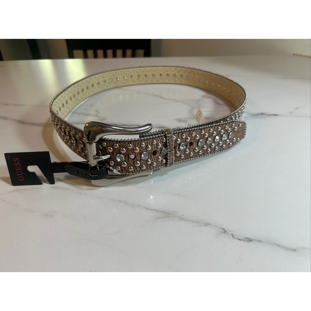 GUESS Womens Rhinestone Studded Croc Embossed Belt Mocha Brown XL 947034